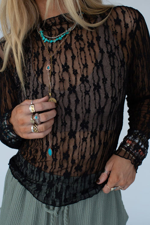 Sheer Floral Lace Long Sleeve Slim Fit Top